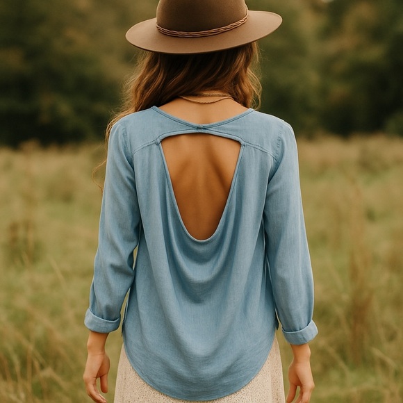 NWT California Moon Rise Blue Drape Back Blouse M - Picture 2 of 15